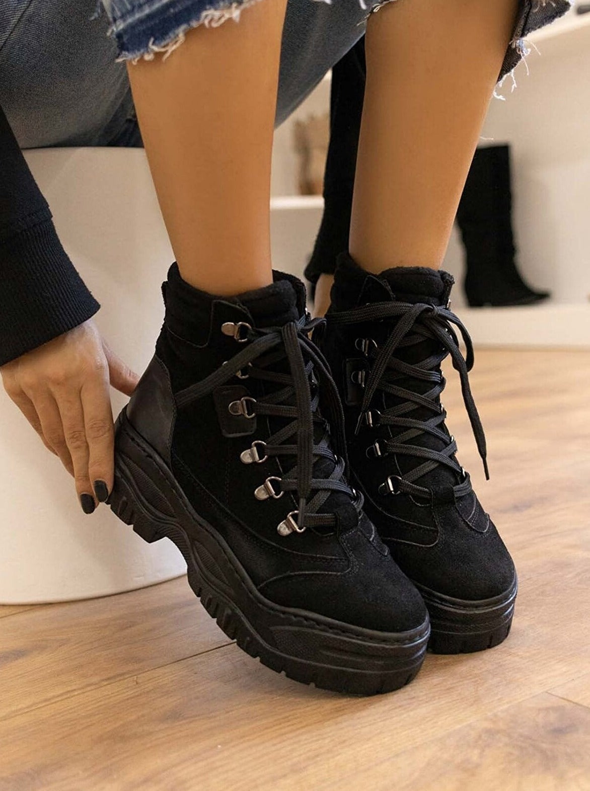 suede lace-up chunky boots