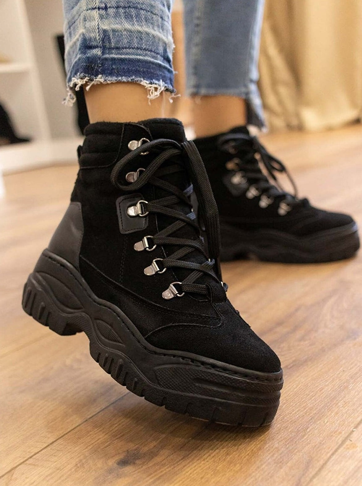 suede lace-up chunky boots