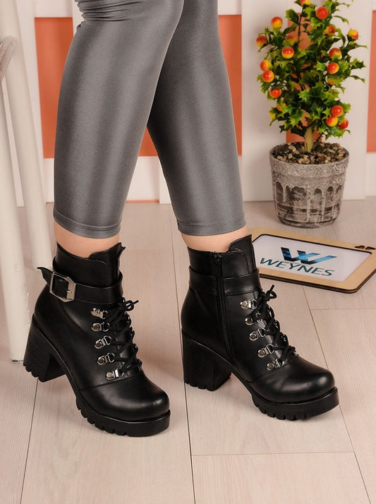 Black Faux Leather Heeled Ankle Straps  Boots