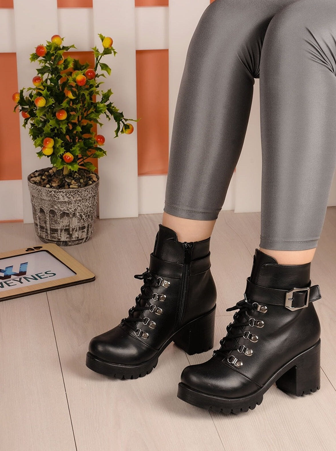 Black Faux Leather Heeled Ankle Straps  Boots