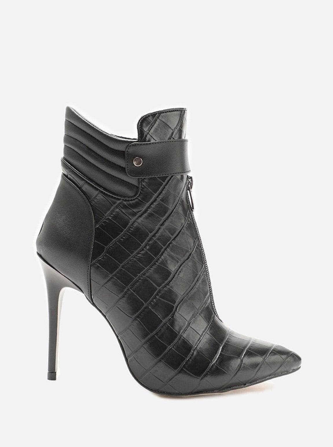 mid-zip belted croco ankle boots