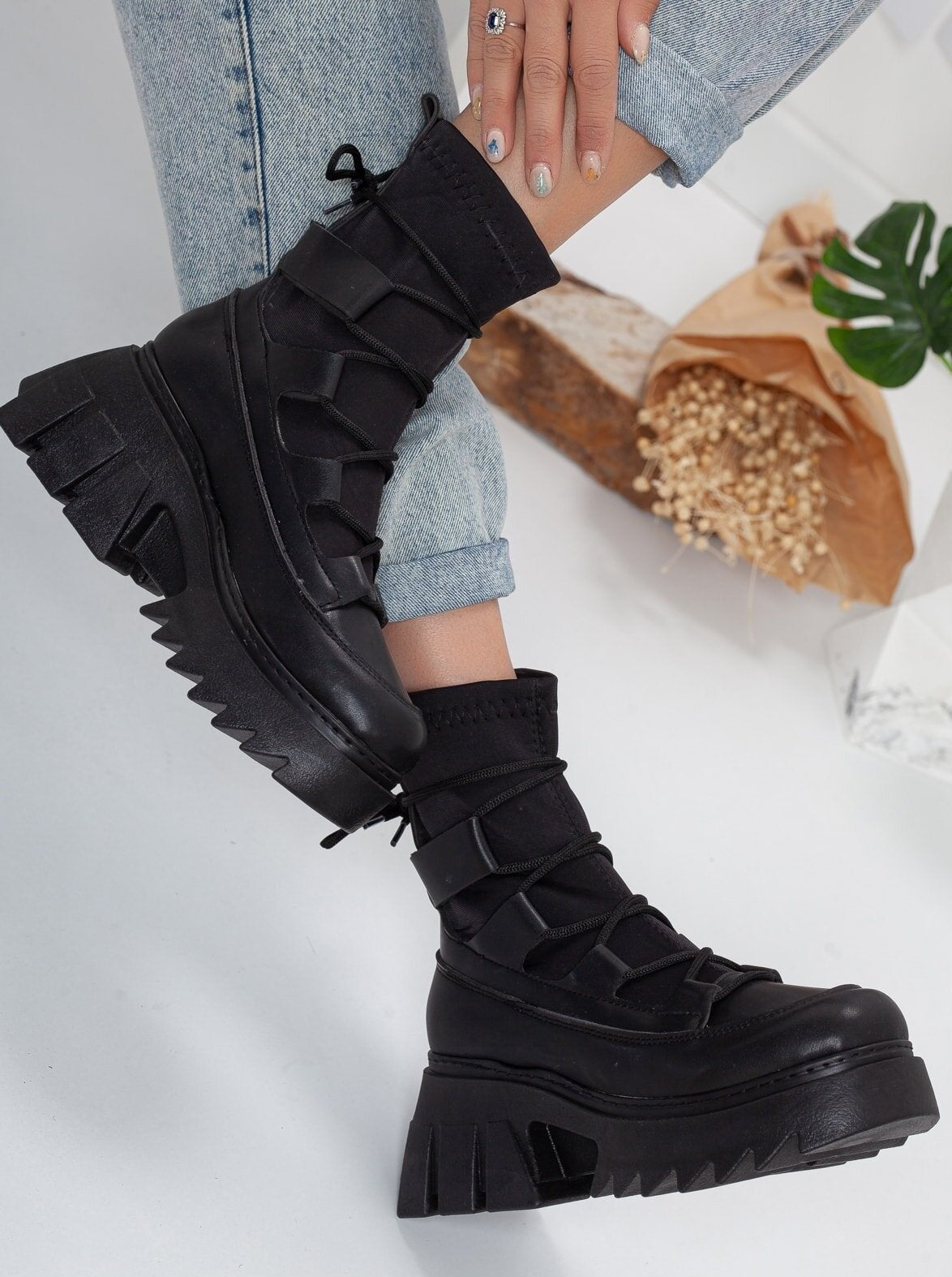 chunky lace up sock combat boots