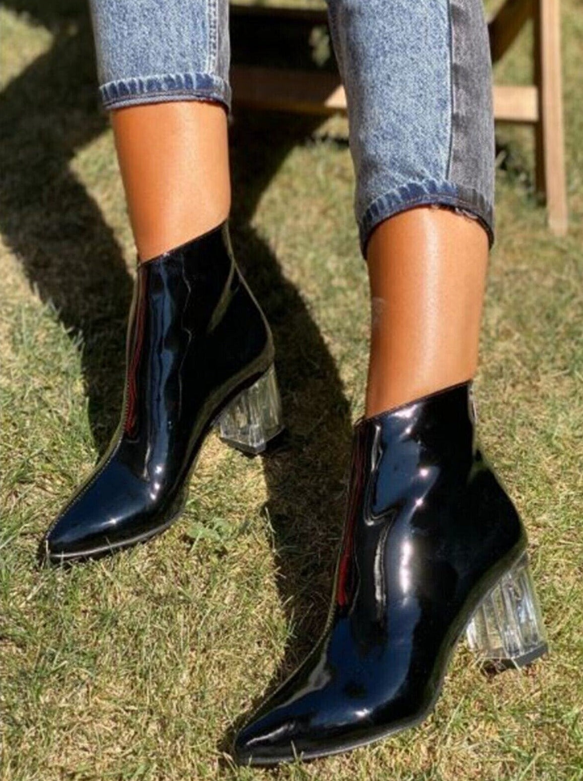 clear sole patent leather heeled boot