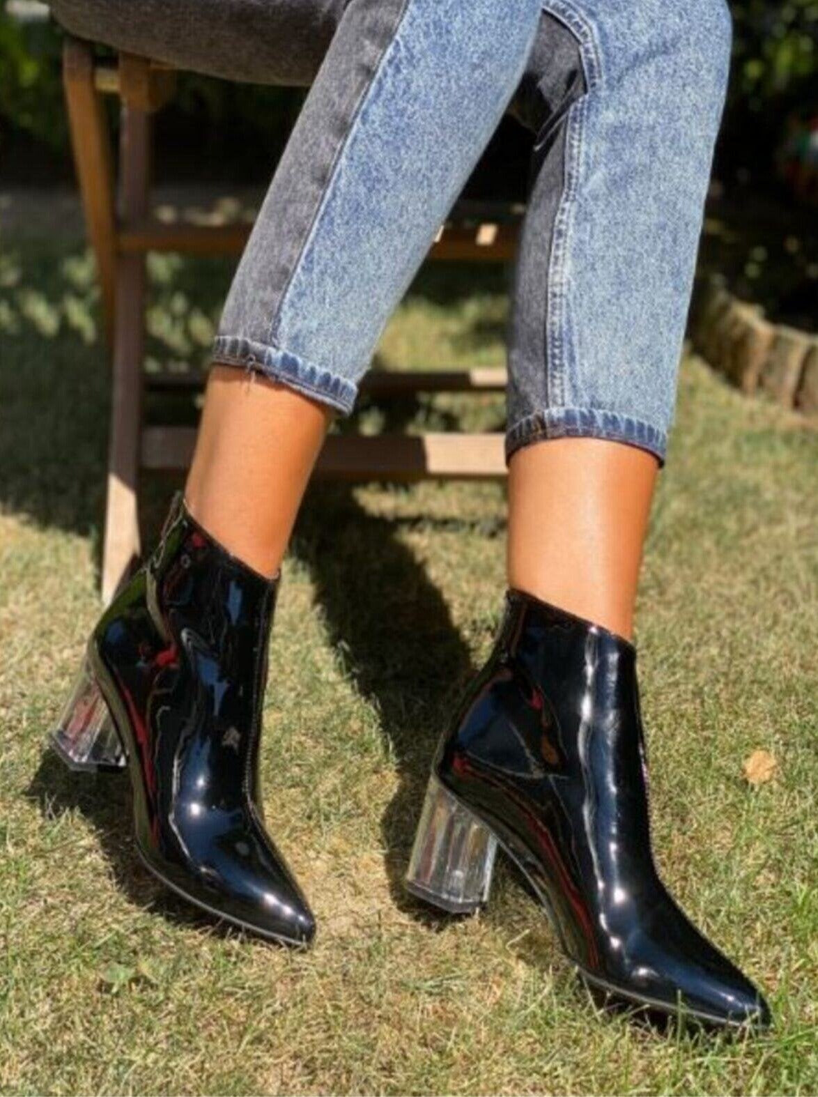 clear sole patent leather heeled boot