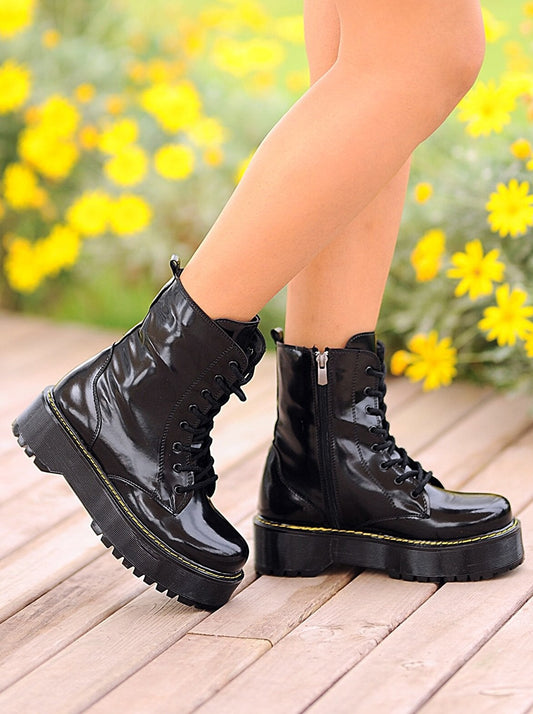 chunky patent leather boots