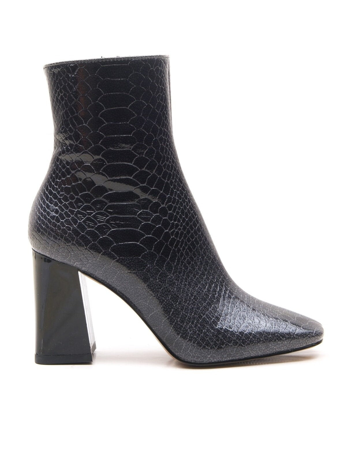 gray snake printed ankle heel boots