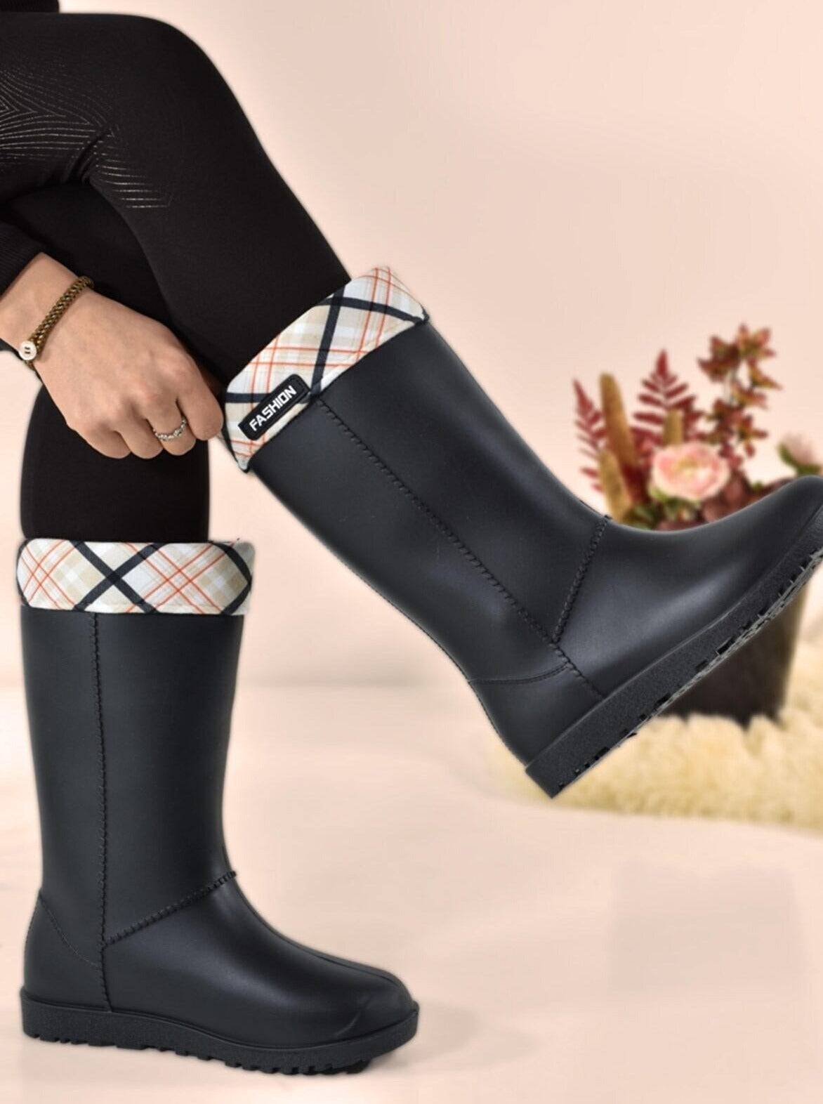 plaid rain boots