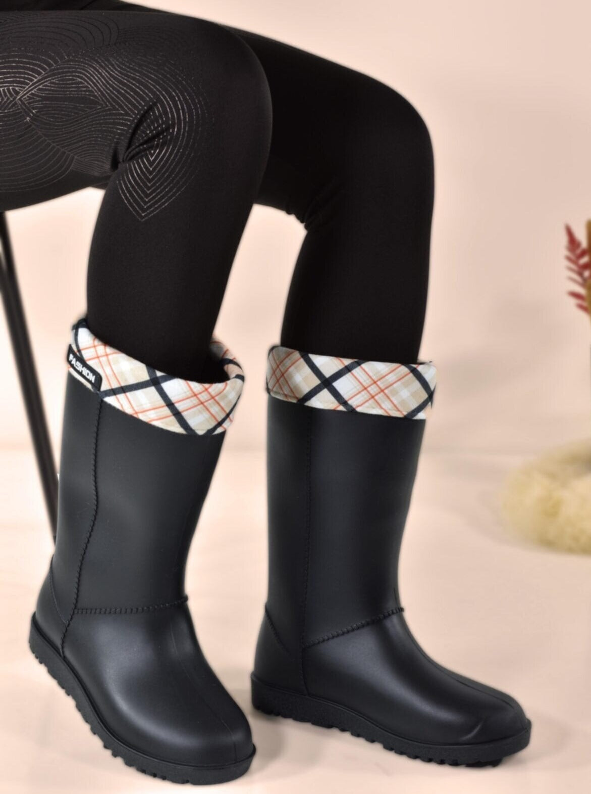 plaid rain boots