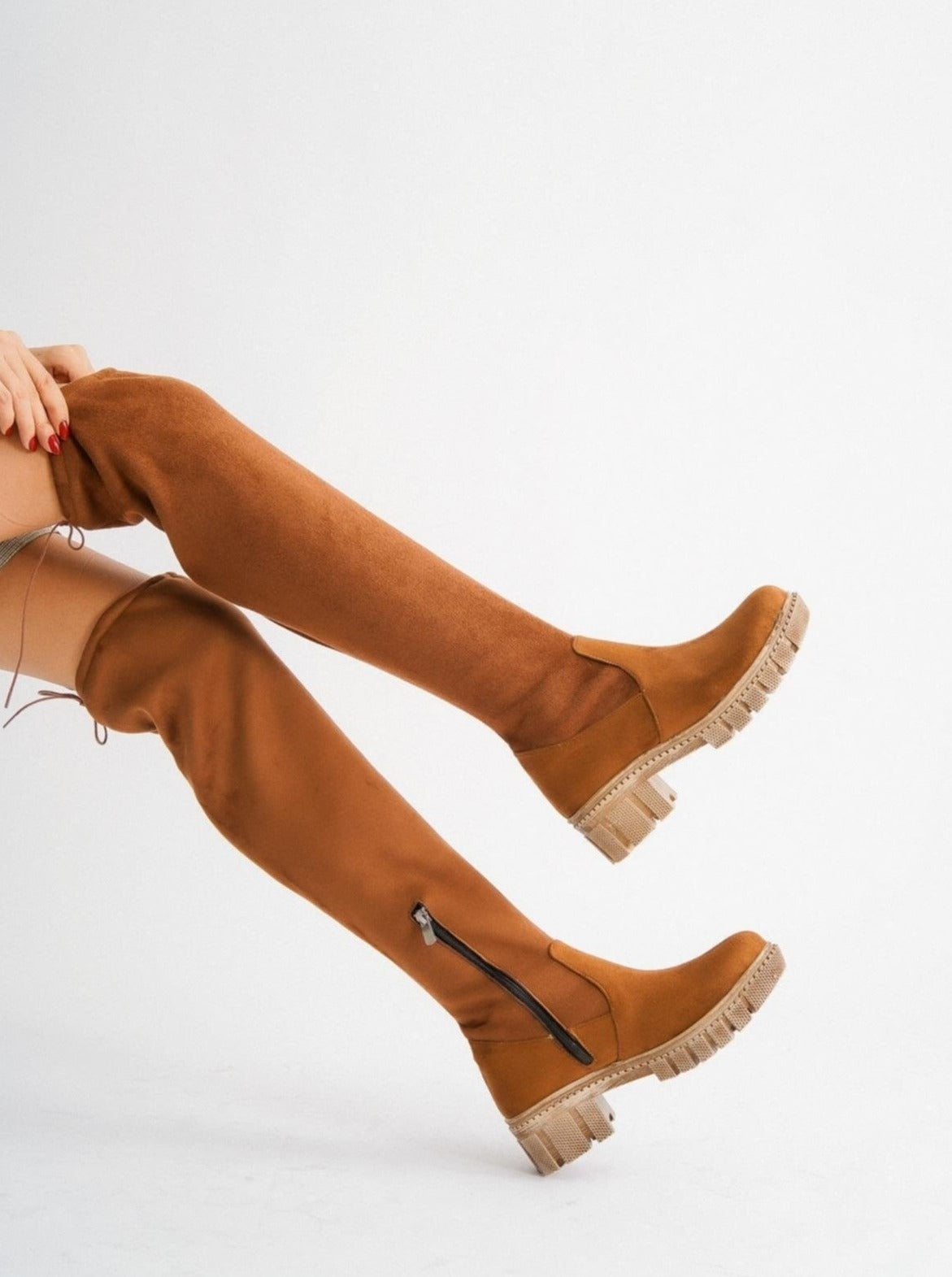 tan suede high-knee boots