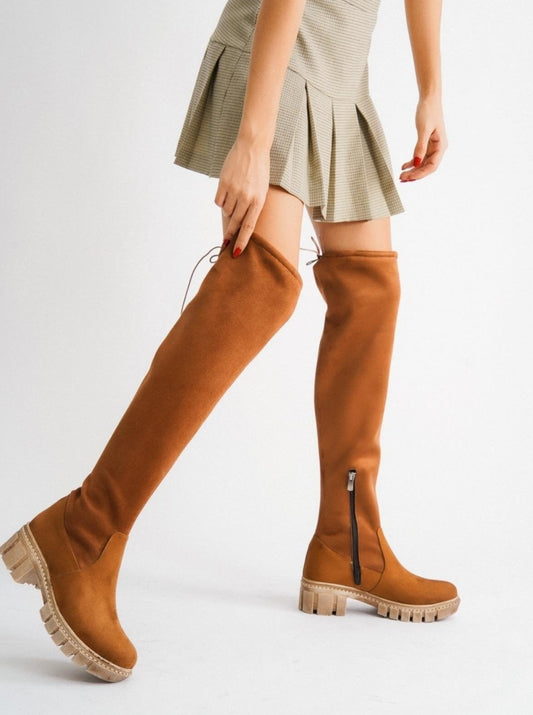 tan suede high-knee boots