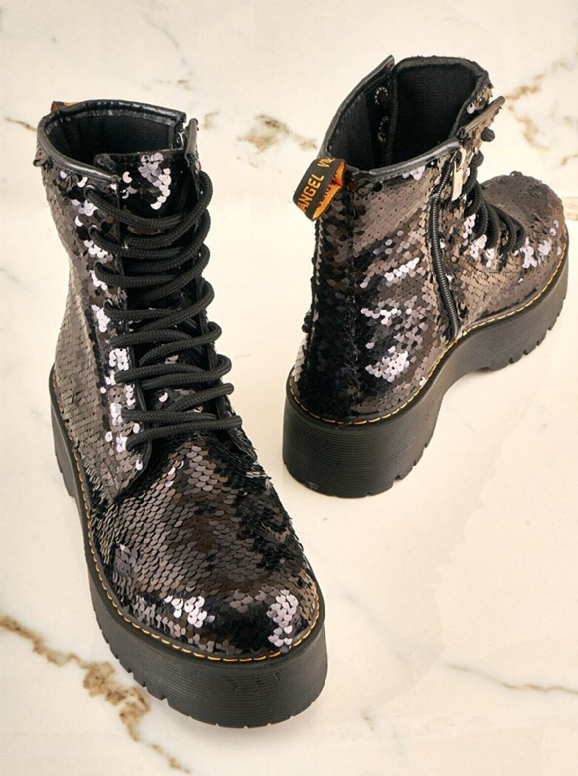 sequin combat boots