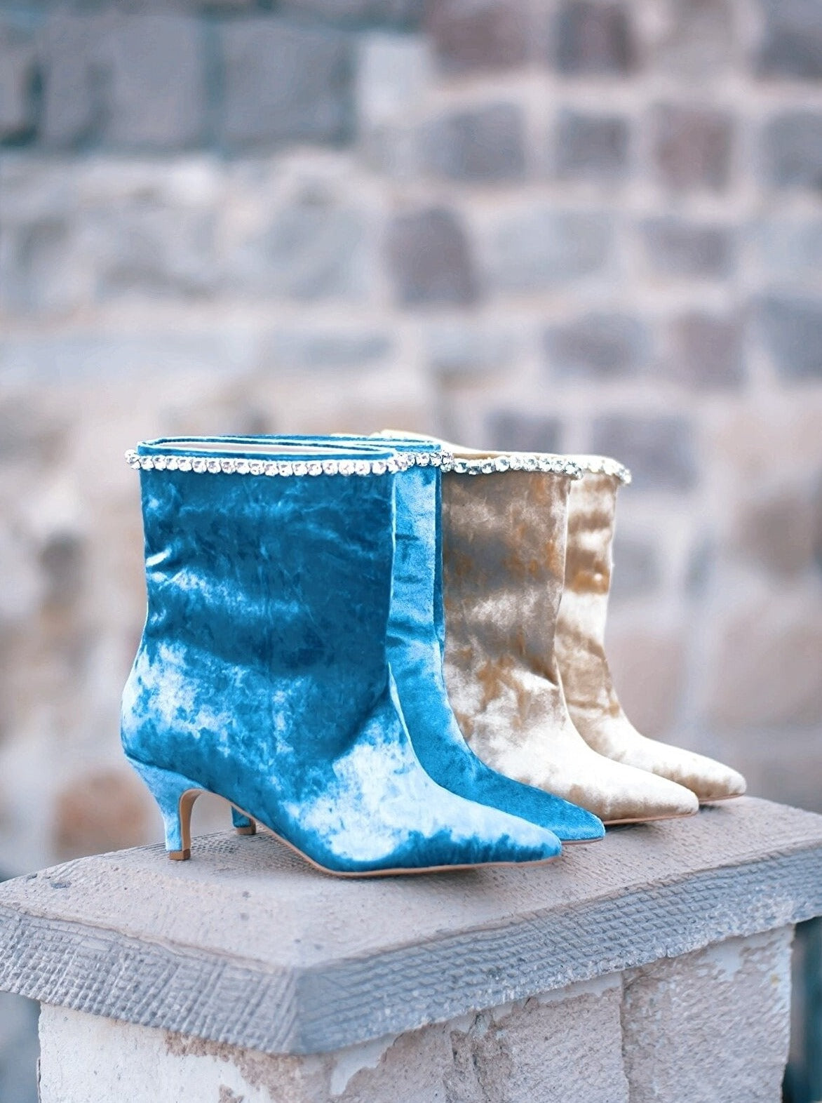 blue velvet anlke heeled boots