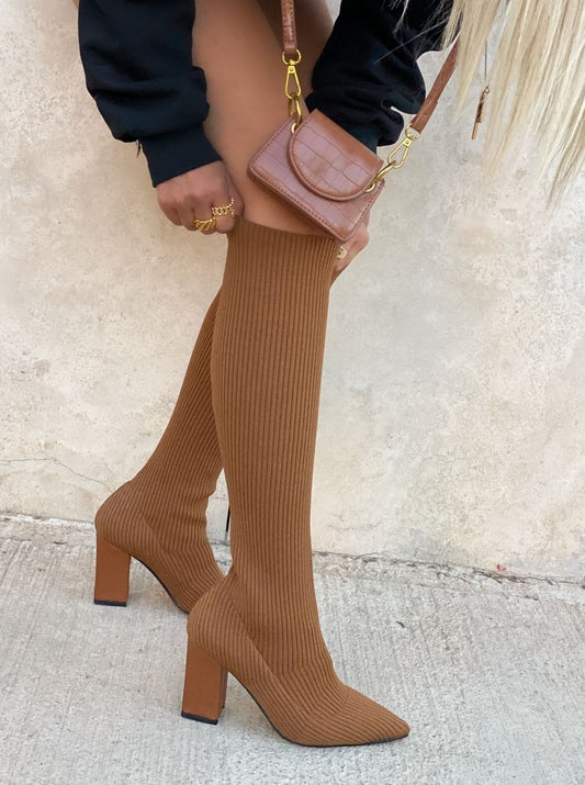 knitted sock high-knee boots