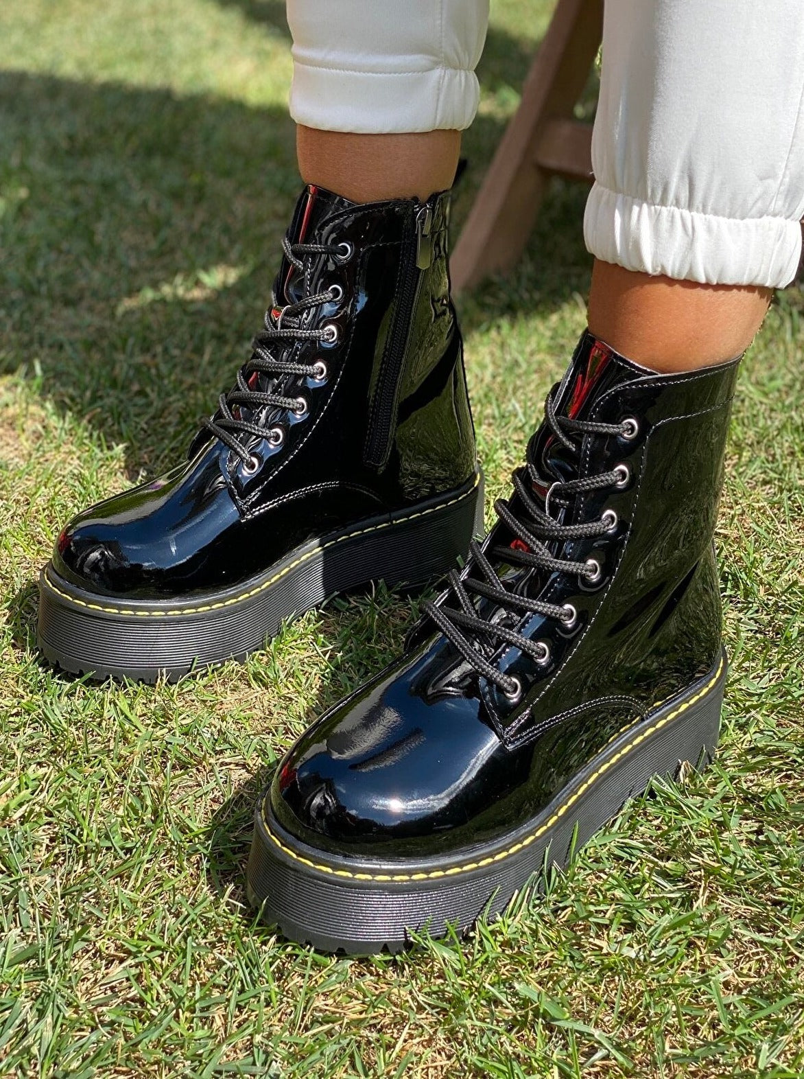 chunky patent leather combat boots