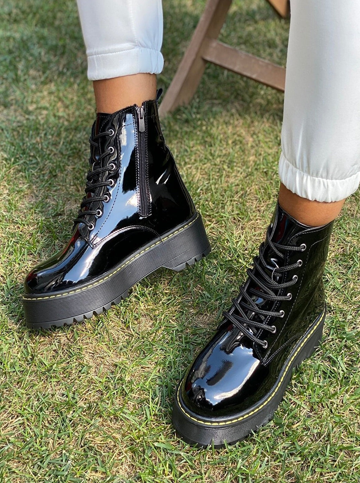 chunky patent leather combat boots