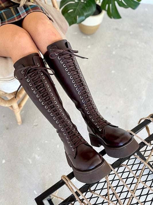 high-knee brown combat boots