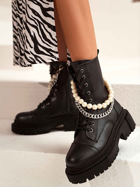 faux pearl and chain decor combat boots