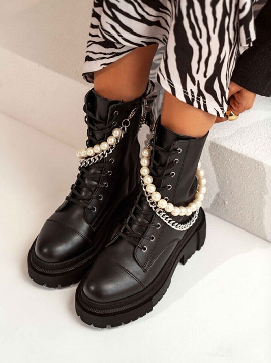 faux pearl and chain decor combat boots