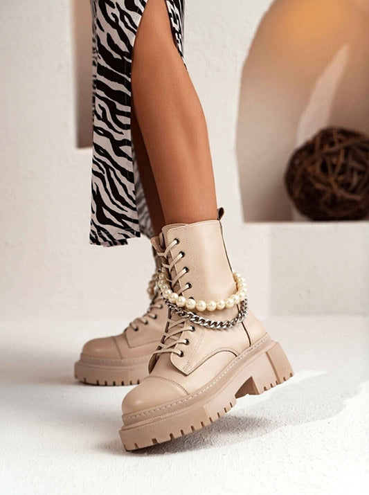 faux pearl and chain combat boots