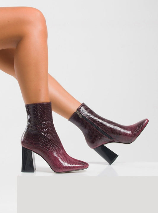 burgundy snake print boots